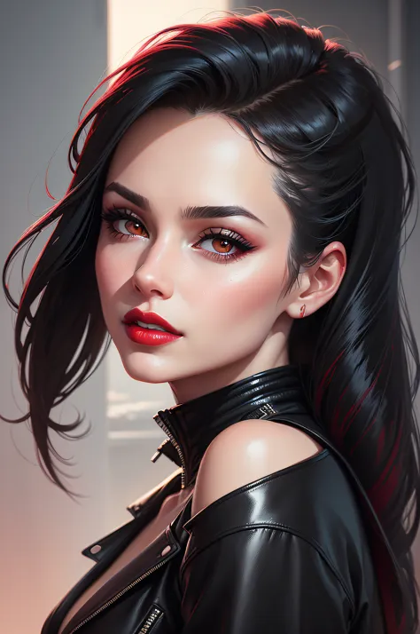 a close up of a woman with a black jacket and red lipstick, digital art by Pedro Pedraja, trending on cg society, digital art, stunning digital illustration, glossy digital painting, exquisite digital illustration, martin ansin artwork portrait, detailed s...