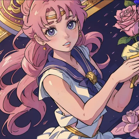 the sailor moon，Sailor Month，A pink-haired，Holding roses