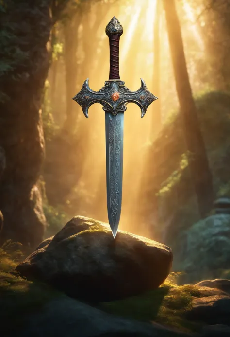 an enchanted sword firmly embedded in a stone, (best quality, 4k, highres, masterpiece:1.2), fantasy artwork, ethereal glow, ancient magic, detailed engraving on the sword, mythical energy surrounding it, mystical atmosphere, vibrant colors, dramatic light...