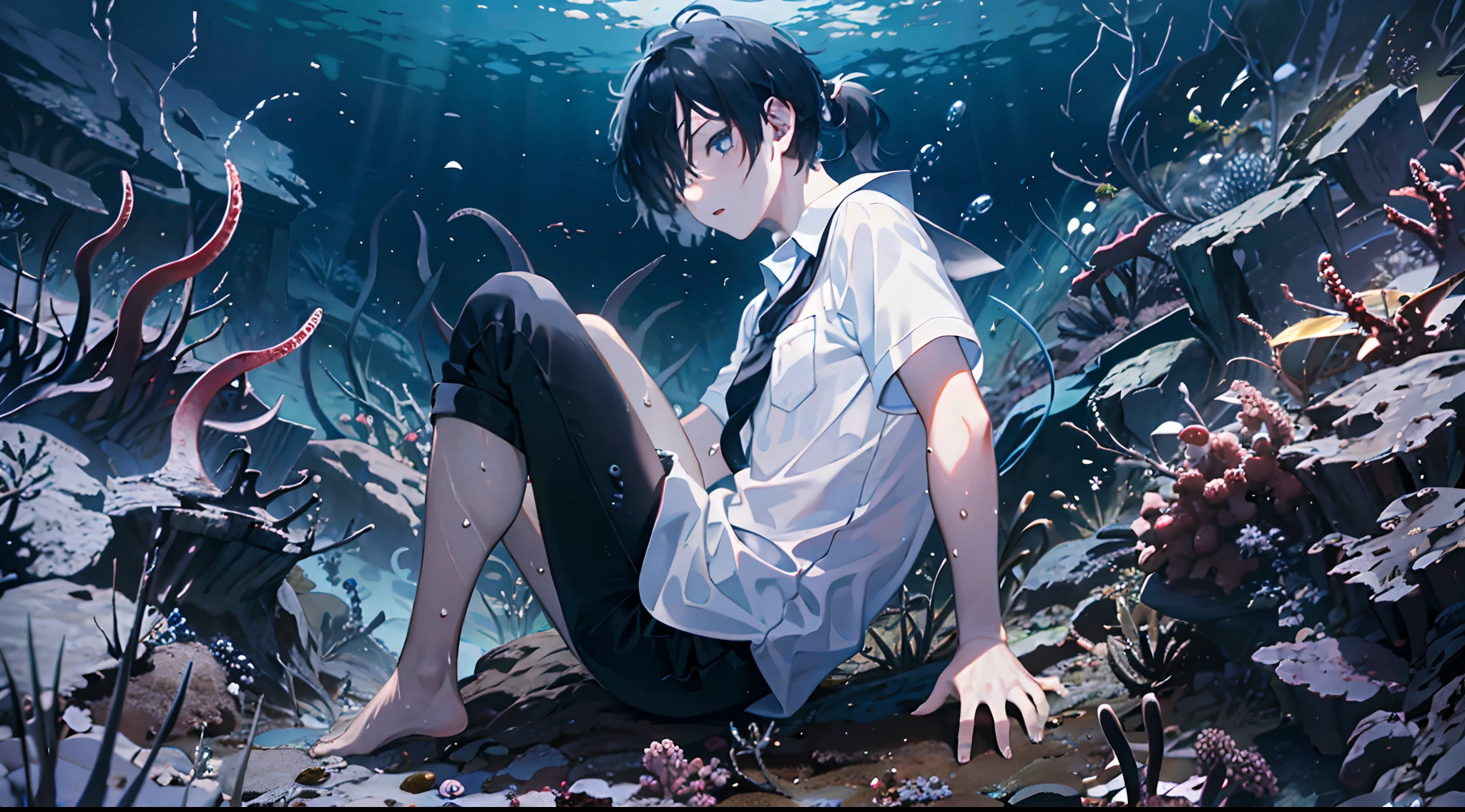 A boy swims at the 深海, , 短袖白襯衫, 黑髮, 頭髮遮住一隻眼睛, 深藍色的眼睛, 馬尾辮, 黑褲子, 赤腳, 高個子男孩, 深海, 小章魚