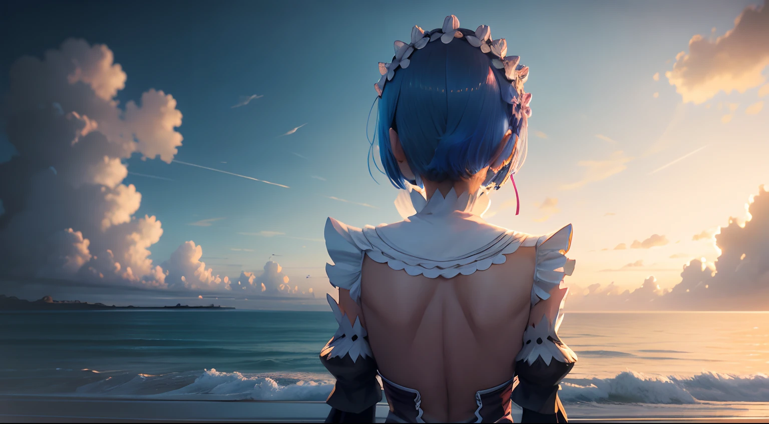 master part, ultra details, ((Rem from ReZero)), Proportionate Body, Naked, sitting down, Ass, raining, Storm clouds, vignette, wooden dock, mar, looking away from the viewer, cinematic, dark surroundings, eyeshadows, sharp contrast, (view from behind), field of view, silhouette