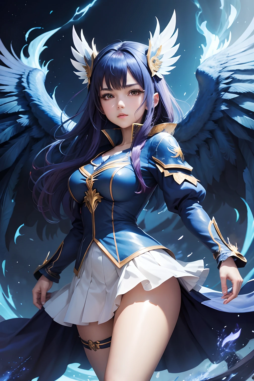 A woman in a blue dress with wings and a white skirt - SeaArt AI