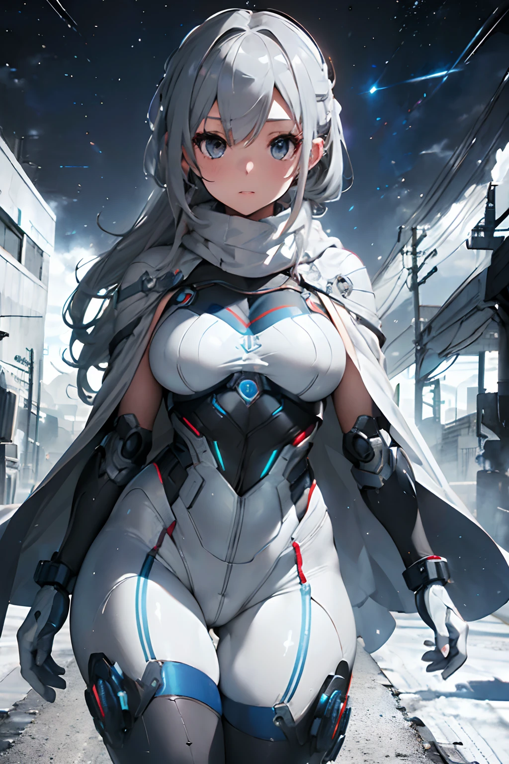 Bust ((half body)) hyperrealistic masterpiece, superheroine girl ((mech sci-fi aesthetic style)) in extremely detailed tech tight plugsuit ((with scarf & white cape)), cinematic illumination: 8k, (((gradient: two-tone gray and white hair)))