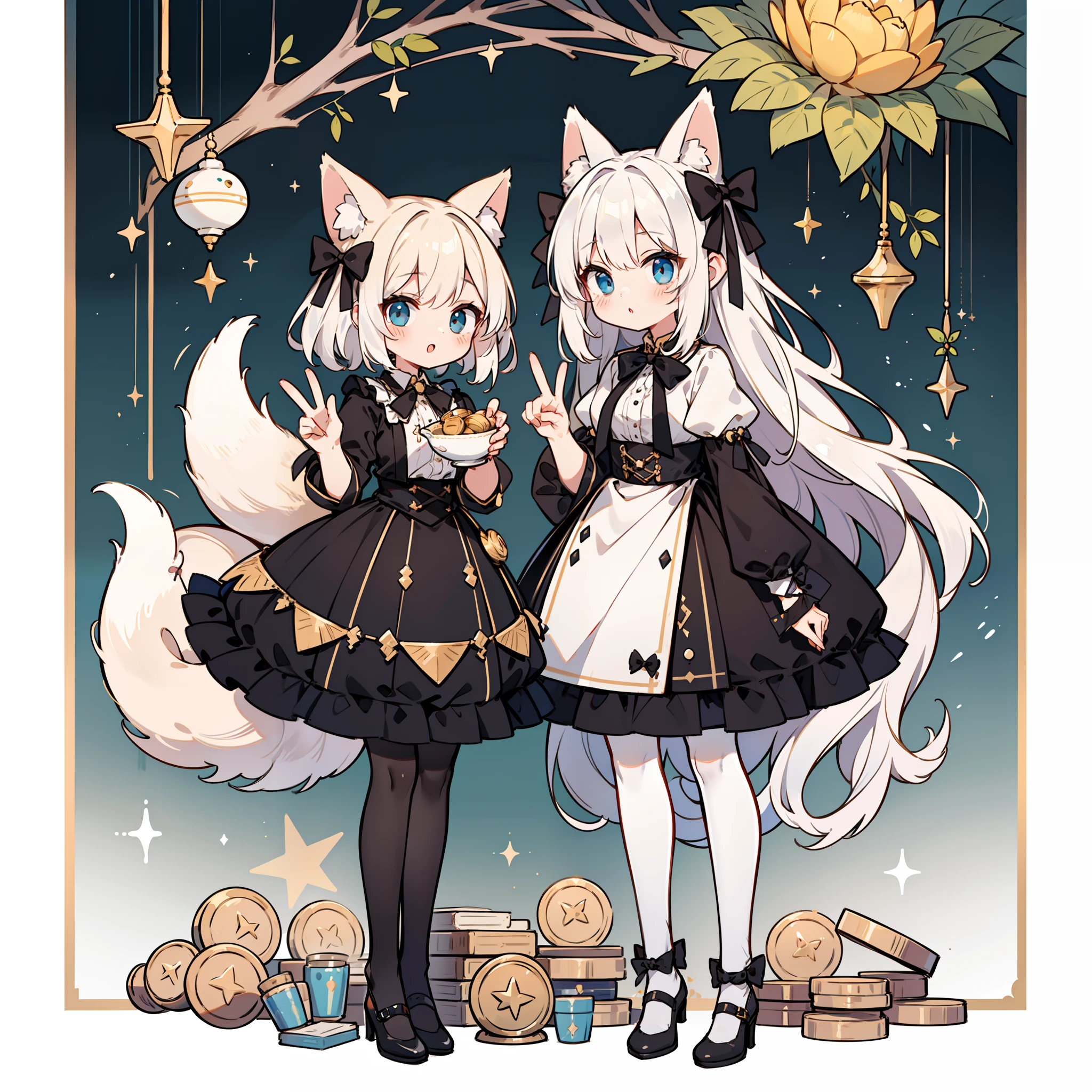 Standing Picture、full bodyesbian、cute little、​masterpiece、top-quality、Top image quality、white  hair、bow ribbon、black ribbon on the head、double peace、(black pantyhose)，fox ears，Beggar, a bowl with gold coins