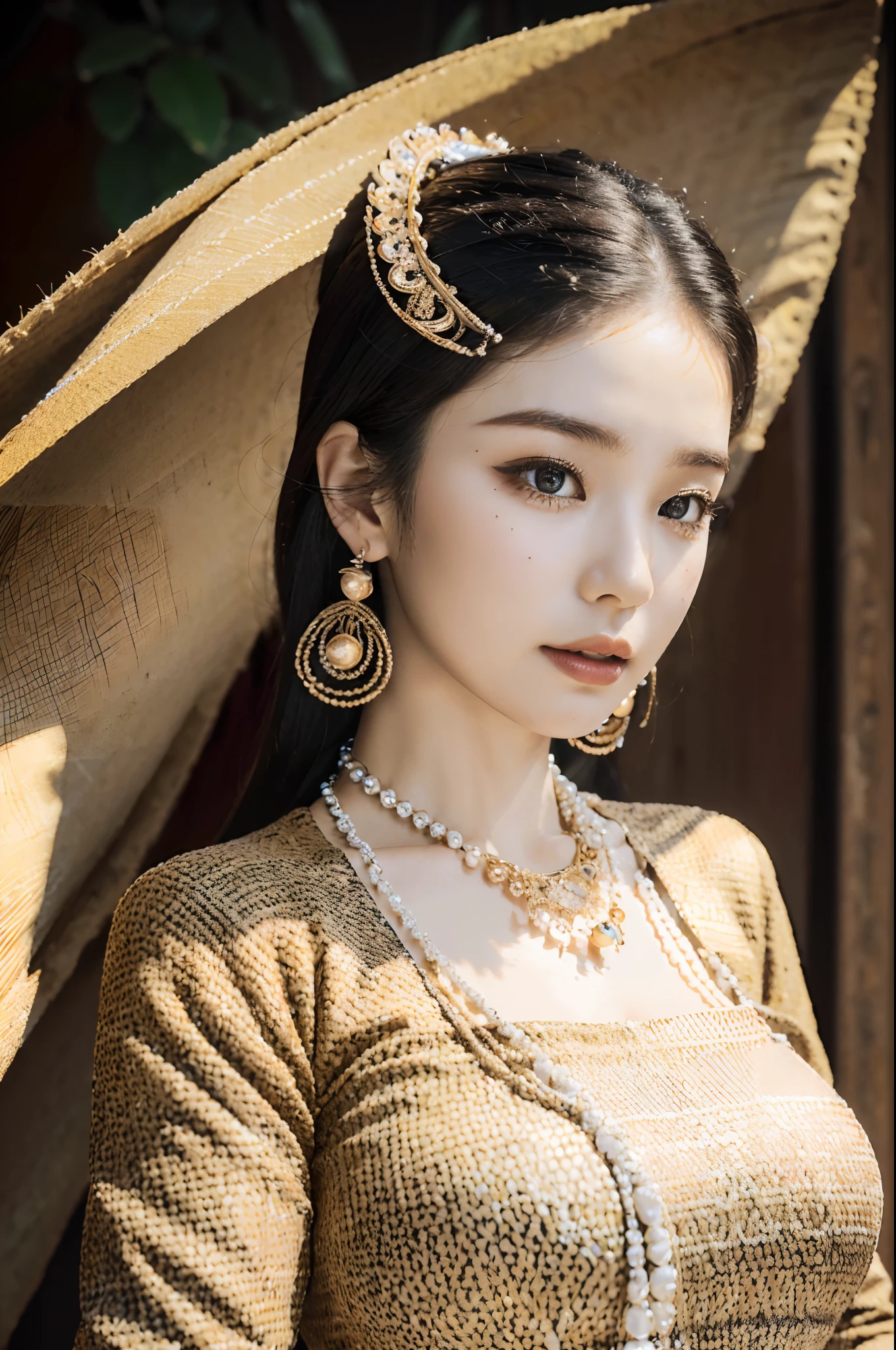 (best quality,4k,8k,highres,masterpiece:1.2),ultra-detailed,(realistic,photorealistic,photo-realistic:1.37), MMTD Burmese patterned traditional dress, beautiful lady wearing the dress, detailed eyes and face, long eyelashes, wear pearl necklaces and gold bracelets, soft natural lighting