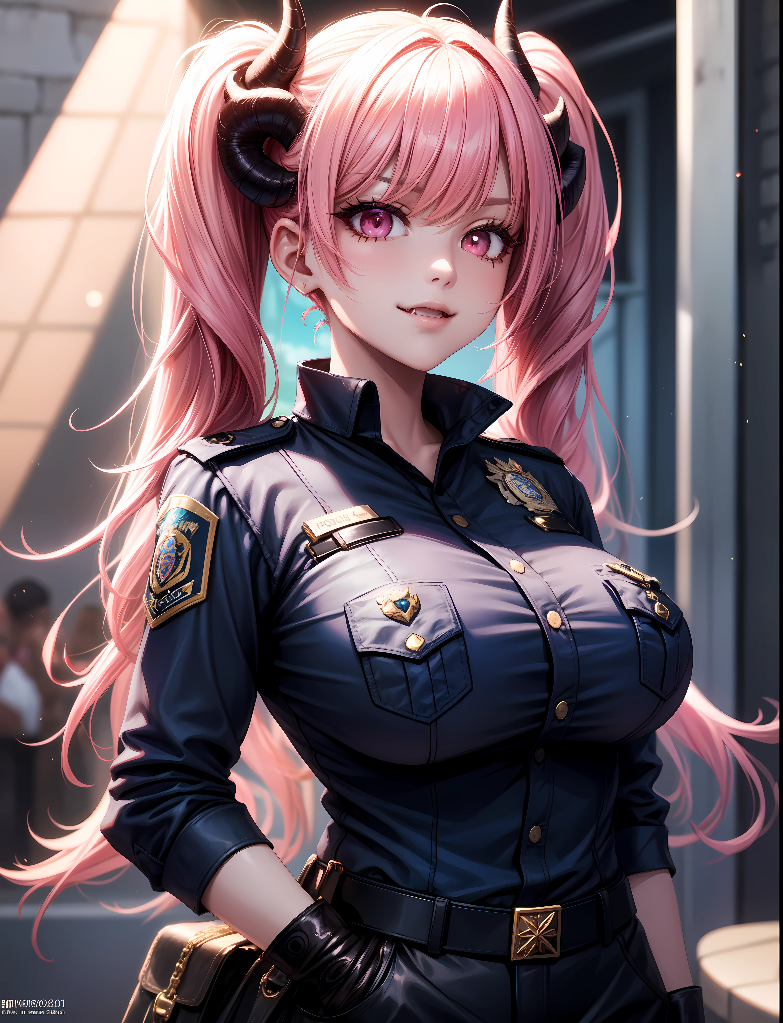 4k,  ,Lens flare, pink hair ,mascara, eyeliner, god rays, 4k, 8k, best quality, masterpiece, hyper detailed, intricate detail, twin tails, long hair, horns, police uniform, massive breasts, fangs, police hat, smug, pink eyes,