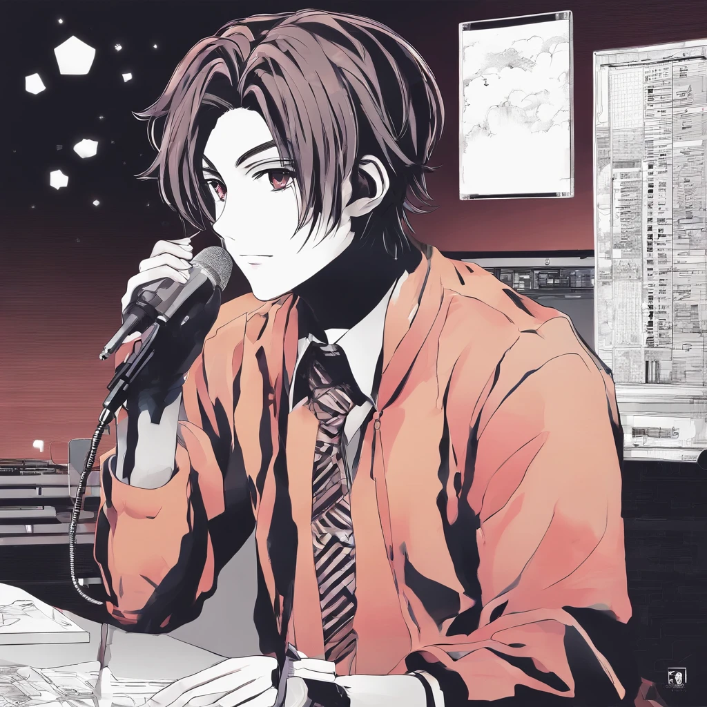 Anime image of a man in a tie sitting at a desk with a microphone - SeaArt  AI