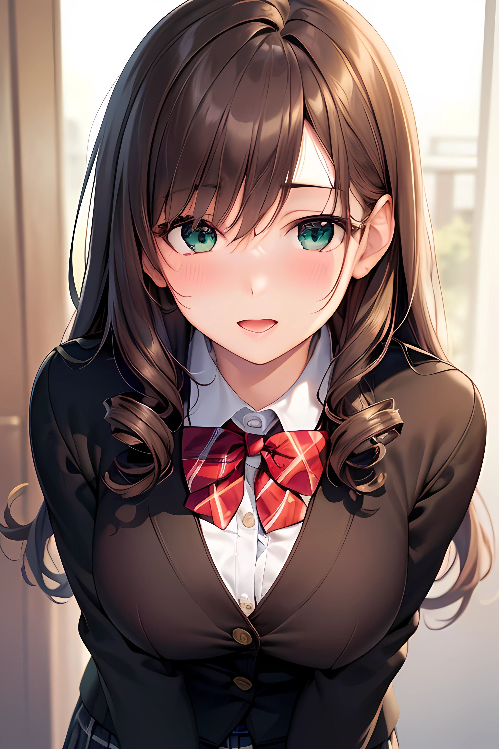((masterpiece, best quality, highres, UHD, perfect pixel, depth of field, 4k, RTX, HDR))), 1girl, single, solo, beautiful anime girl, beautiful artstyle, anime character, ((long hair, bangs, dark brown hair, curly hair:0.8)), ((green eyes:1.4, detailed eyes, beautiful eyes, perfect eyes,curly eyelashes, realistic eyes)), ((detailed face, blushing:1.2)), ((smooth texture:0.75, realistic texture:0.5, anime CG style)), medium breasts, dynamic angle, busty, perfect body, dynamic pose, ((red bowtie, , black jacket, open jacket, brown cardigan, white shirt, black skirt, plaid skirt)), smile, open mouth, arms behind back, leaning forward, ((close up, POV, cute, shoot on face))