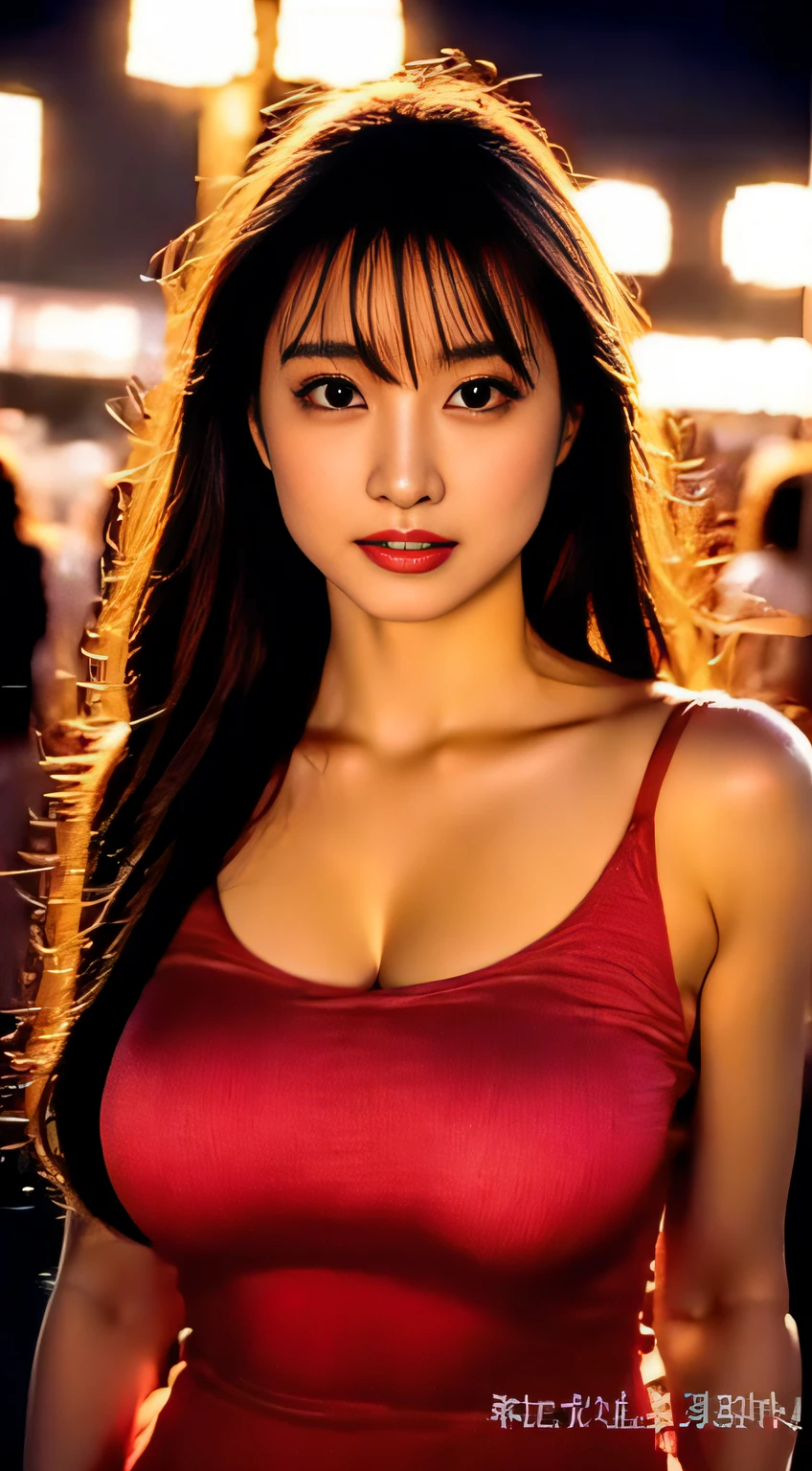 top-quality。８K-Picture。Ultra-high pixel。The background is the city at night。girl with。hair is long and slightly wavy,,,,,,,,,,,,,,,,,,,,,,,,,,,,,,,,,,,,,,,,,,,,,,,,,,,,,,,,,,,,,,,,,,,,,,,,,,,,,,,,,,,,,,,,,,,,,,。The color is dark brown。Glamour style、((huge-breasted：1.8))。wearing red dress、Photos dancing brilliantly。Delicate finish overall。The body line is gorgeous。legs are long、Wear red high heels。((Hair shines like a reflection of the street。The eyeball reflects the surrounding landscape。The skin is wet with night dew))。Almost perfect woman。((time々In close-up of the upper body))。The second highlighted part々I want you to express it in close-ups。