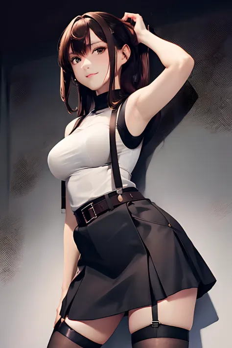 Black skirt, 　suspenders, Brown hair Gray eyes, Garter belt on the legs, Tight clothes, 　　 a belt　Armpit sweat　　Dark look　Moderately breasts　holster　Belt Chain　hair adornments　poneyTail