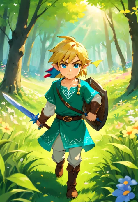 A boy with blonde hair and pointed ears, wearing a green hat and a blue tunic, holding a sword and a shield, standing in a vast green field filled with tall grass and blooming flowers, surrounded by lush trees. The boy has intense blue eyes and a determined expression on his face. The sunlight filters through the leaves of the trees, casting a warm and vibrant glow on the scene. The atmosphere is filled with a sense of adventure and excitement. The artwork is created using traditional painting techniques, with vibrant colors and intricate brushstrokes. The details are highly realistic, capturing every intricate detail of the boy's face and the surrounding environment. The painting has a high resolution and is meticulously crafted, showcasing the artist's skill and attention to detail. The style of the artwork is reminiscent of classic fantasy illustrations, with a touch of modern aesthetics. The color palette is rich and vibrant, with a focus on lush greens and bright blues, creating a sense of enchantment and wonder. The lighting in the painting is soft and warm, creating a cozy and inviting atmosphere. The overall composition of the artwork is balanced and visually pleasing, with a strong focal point on the boy and the surrounding nature.