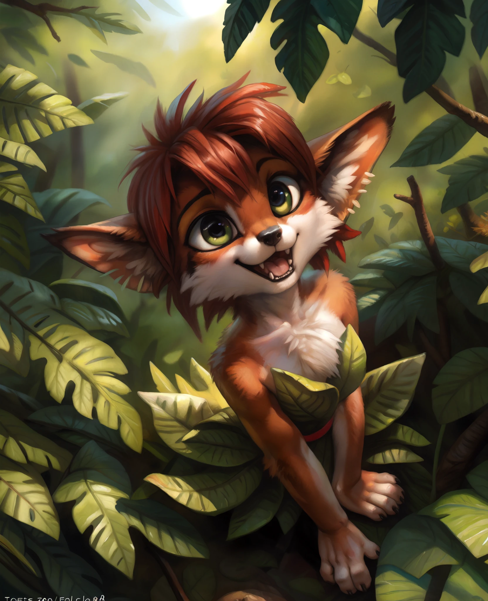 by kenket, by totesfleisch8, (by thebigslick, by silverfox5213:0.8), (by syuro:0.2), elora furry, detailed and extremely fluffy body fur, fluff, masterpiece, looking up beautiful surroundings, detailed background, happy, leaf-dress, full body