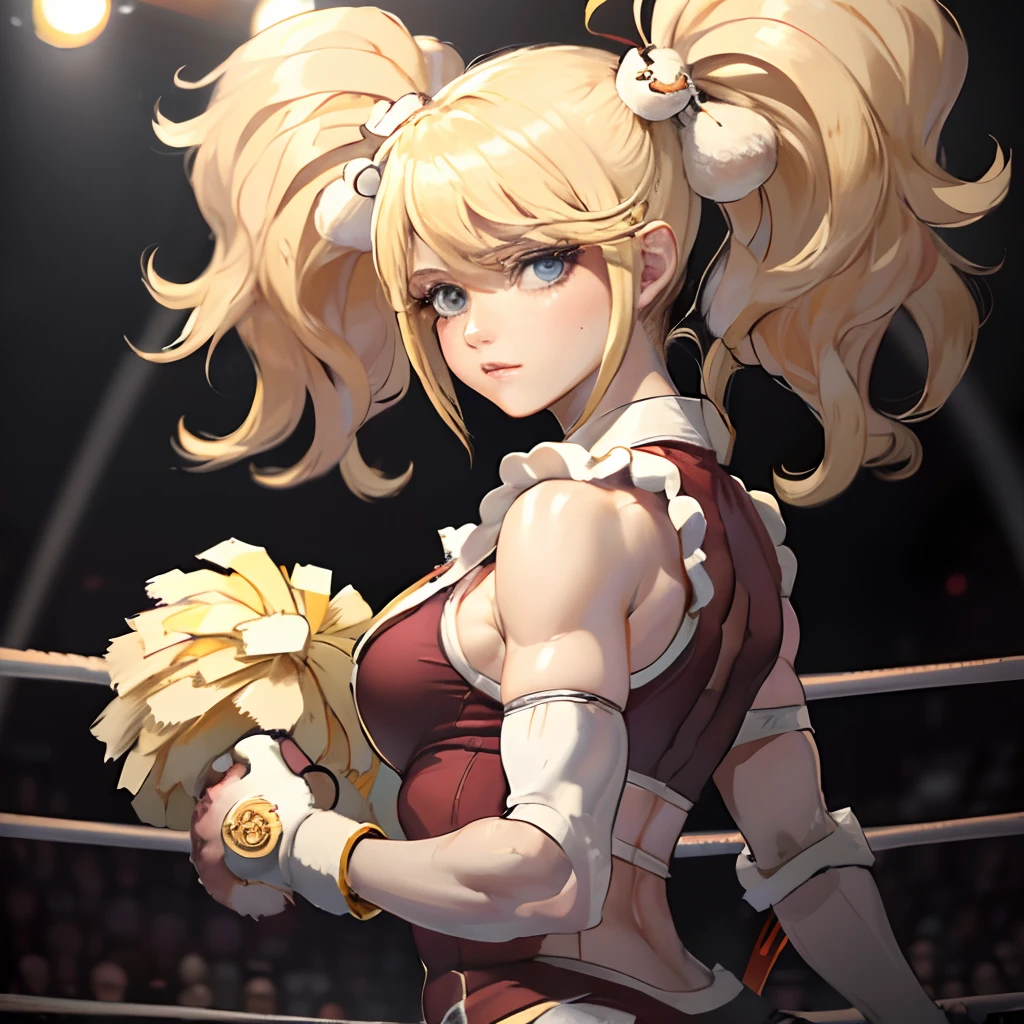 masterpiece, best quality, realistic, photorealistic, masterpiece, best quality, high quality, detail, highres, absurdres, muscular biceps, ((((short blonde hair)))), Blue Eyes, ((shoulder length side pigtails)), C-cup breasts, white and red cheerleader outfit, (((((solo))))), (((((SFW))))), (((seductive))), (((sexy))), ((in wrestling ring)), ((holding cheerleader pom pom)), (gold lights).