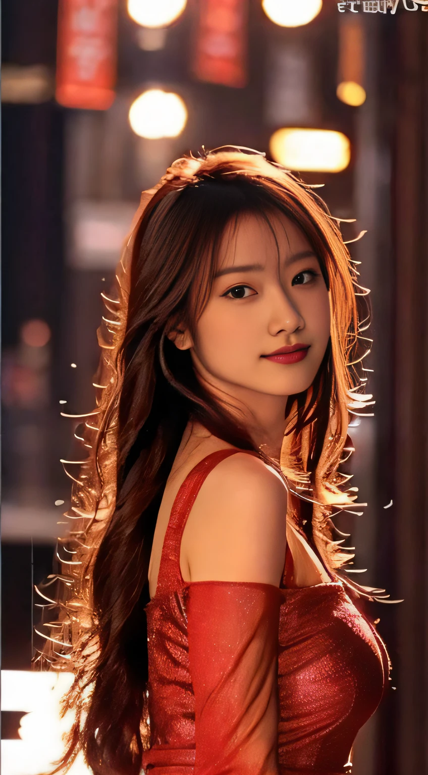 top-quality。８K-Picture。Ultra-high pixel。The background is the city at night。girl with。hair is long and slightly wavy,,,,,,,,,,,,,,,,,,,,,,,,,,,,,,,,,,,,,,,,,,,,,,,,,,,,,,,,,,,,,,,,,,,,,,,,,,,,,,,,,,,,,,,,,,,,,,,,,。The color is dark brown。Glamour style、((huge-breasted：1.8))。wearing red dress、Photos dancing brilliantly。Delicate finish overall。The body line is gorgeous。legs are long、Wear red high heels。((Hair shines like a reflection of the street。The eyeball reflects the surrounding landscape。The skin is wet with night dew))。Almost perfect woman。((time々In close-up of the upper body))。The second highlighted part々I want you to express it in close-ups。