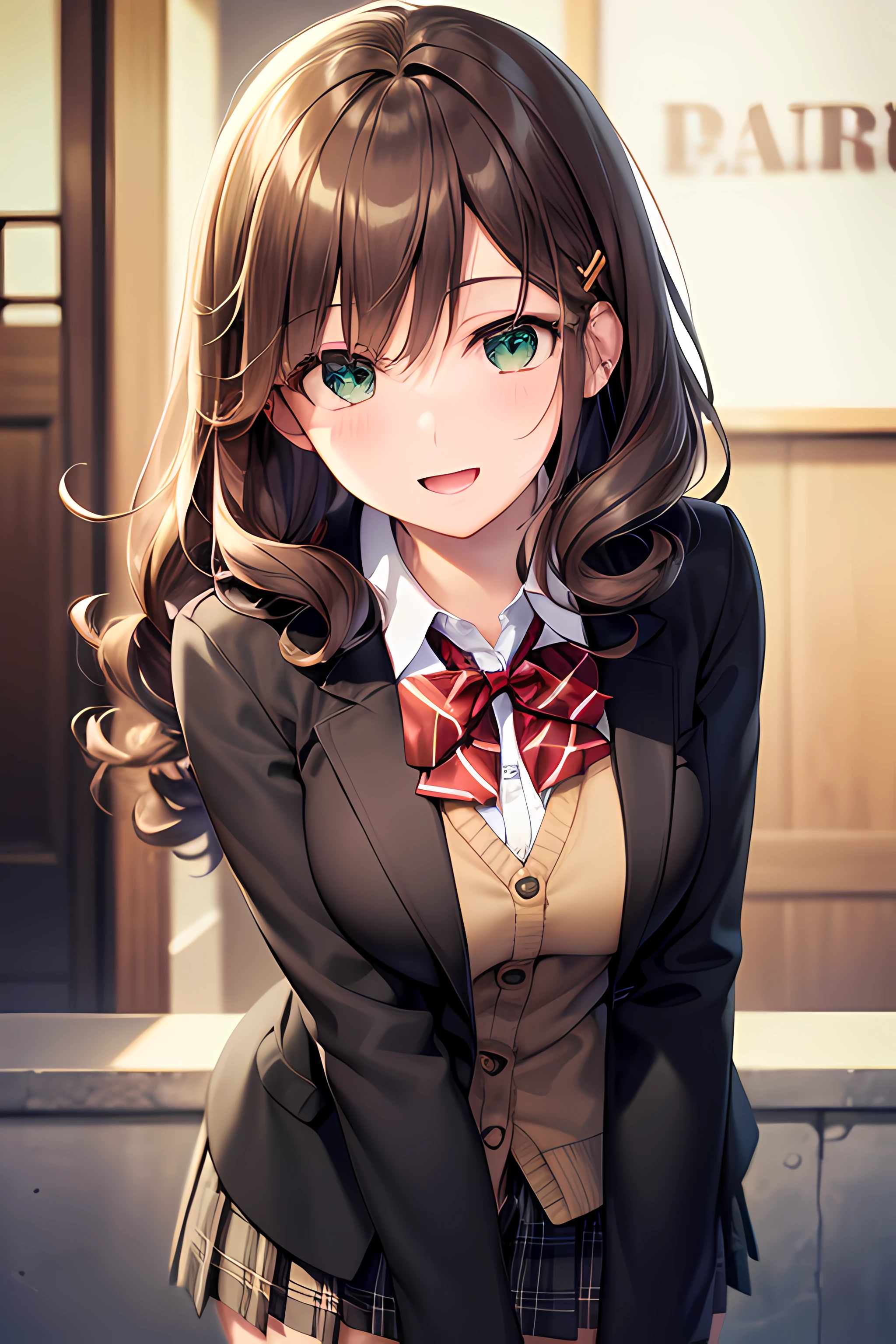 ((masterpiece, best quality, highres, UHD, perfect pixel, depth of field, 4k, RTX, HDR))), 1girl, single, solo, beautiful anime girl, beautiful artstyle, anime character, ((long hair, bangs, dark brown hair, hair pin, curly hair)), ((green eyes:1.4, detailed eyes, beautiful eyes, perfect eyes,curly eyelashes, realistic eyes)), ((detailed face, blushing:1.2)), ((smooth texture:0.75, realistic texture:0.65, photorealistic:1.1, anime CG style)), medium breasts, ((dynamic angle, cowboy shot)), perfect body, ((red bowtie, , black jacket, open jacket, brown cardigan, white shirt, black skirt, plaid skirt)), smile, open mouth, hand behind back, leaning forward, amusement park