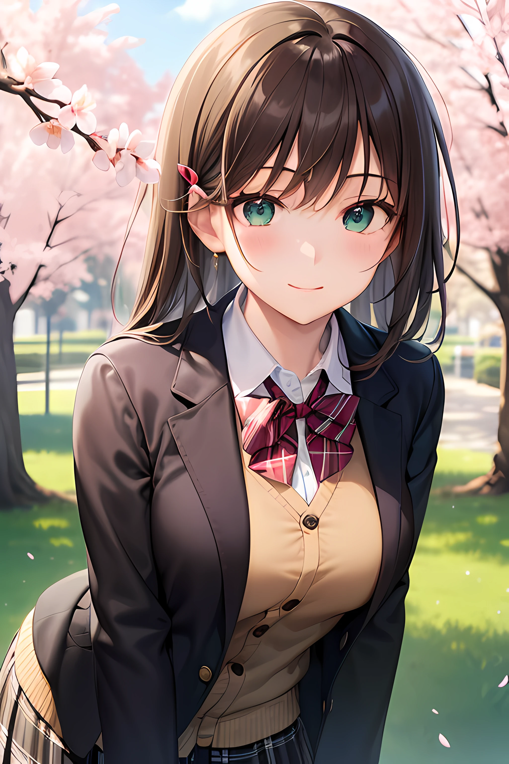 ((masterpiece, best quality, highres, UHD, perfect pixel, depth of field, 4k, RTX, HDR))), 1girl, single, solo, beautiful anime girl, beautiful artstyle, anime character, ((long hair, bangs, dark brown hair, simple hair pin)), ((green eyes:1.4, rounded eyes, beautiful eyelashes, realistic eyes)), ((detailed face, blushing:1.2)), ((smooth texture:0.75, realistic texture:0.65, photorealistic:1.1, anime CG style)), medium breasts, ((dynamic angle, close up, pov)), perfect body, ((red bowtie, , black jacket, open jacket, brown cardigan, white shirt, black skirt, plaid skirt)), smile, hand behind back, leaning forward, amusement park, cherry blossoms