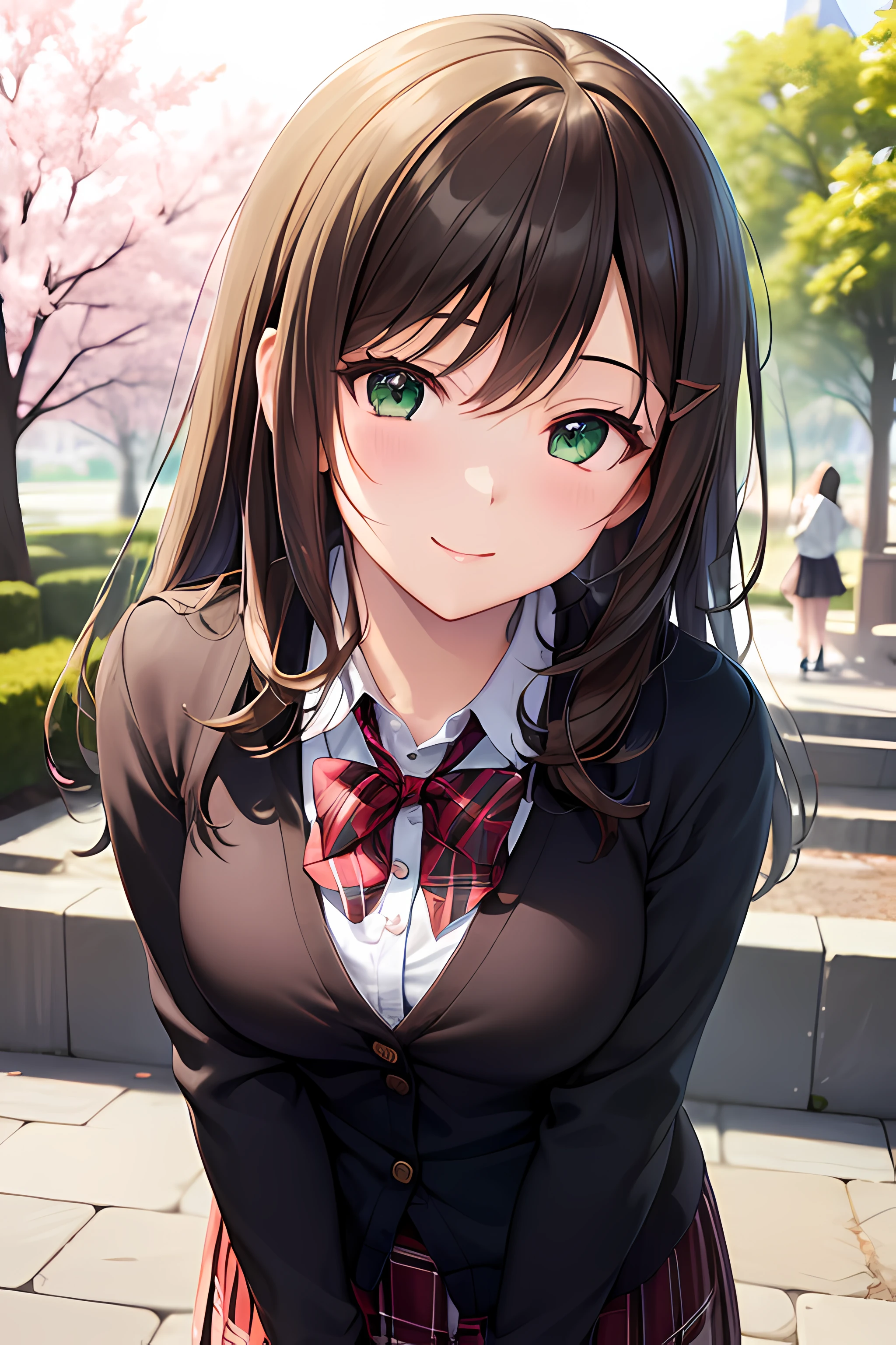 ((masterpiece, best quality, highres, UHD, perfect pixel, depth of field, 4k, RTX, HDR))), 1girl, single, solo, beautiful anime girl, beautiful artstyle, anime character, ((long hair, bangs, dark brown hair, curly hair:0.4, simple hair pin)), ((green eyes:1.4, rounded eyes, beautiful eyelashes, realistic eyes)), ((detailed face, blushing:1.2)), ((smooth texture:0.75, realistic texture:0.65, photorealistic:1.1, anime CG style)), medium breasts, ((dynamic angle, close up, pov)), perfect body, ((red bowtie, , black jacket, open jacket, brown cardigan, white shirt, black skirt, plaid skirt)), smile, hand behind back, leaning forward, amusement park, cherry blossoms