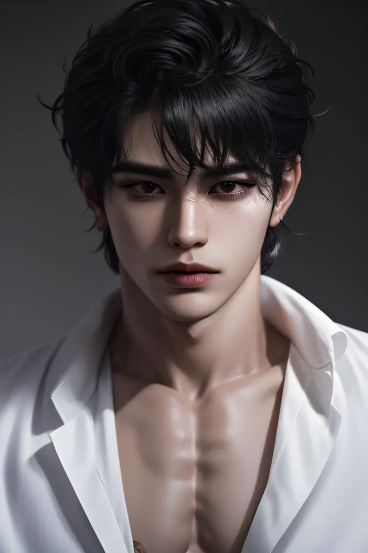 man,bangs-hairstyle, handsome, japanese bad boy, ultra-detailed,hyper details,cinematic light, solo,stand,white studio,black-and-white-filter,closeup,front,looking at viewer from front,manhwa-style,unbutton-shirt,tattoo in chest.
