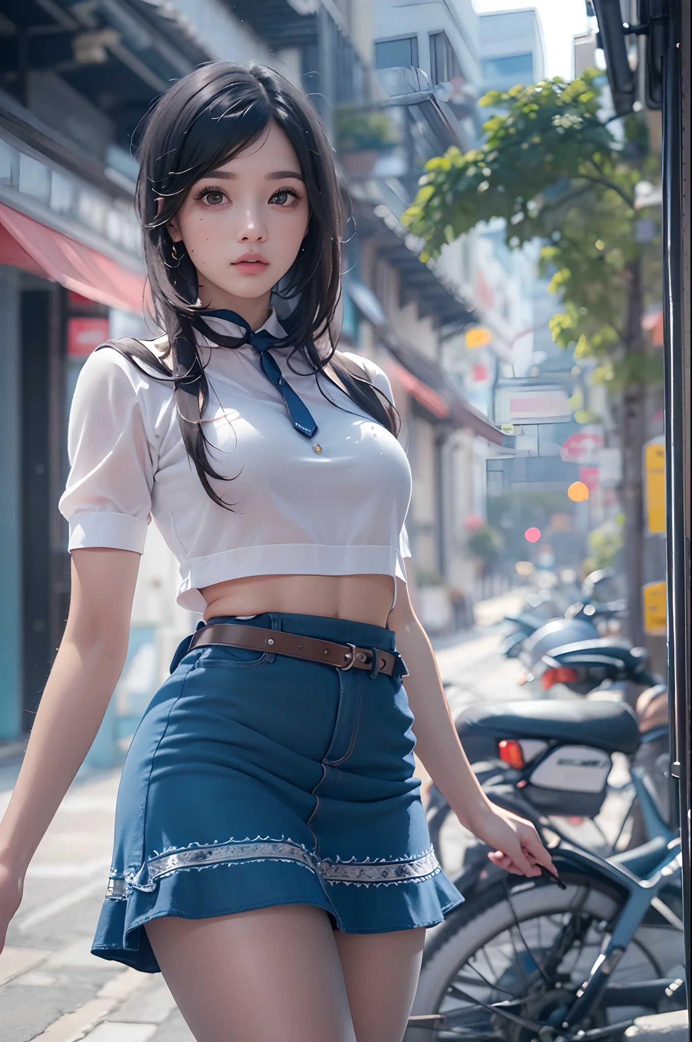 Photo of Pho3B3Cat3S, Beautiful woman, ((24 years old)), street, Short blue skirt,Blue sailor suit,Blue miniskirt， longblackhair, (Masterpiece), (Extremely detailed Cg Unity 8K wallpaper), iintricate, ((Photorealistic)),Perfect lighting, Solo, shiny long black hair、a cute young woman,stocklings，lacepantyhose