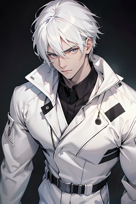 Handsome man , Pale skin , Silver eyes , White hair , White jumpsuit , has a black collar