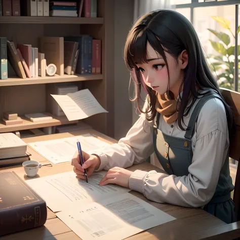 There was a young girl sitting at the table，Write on a piece of paper。, trying to study, research, Realistic cute girl painting,...