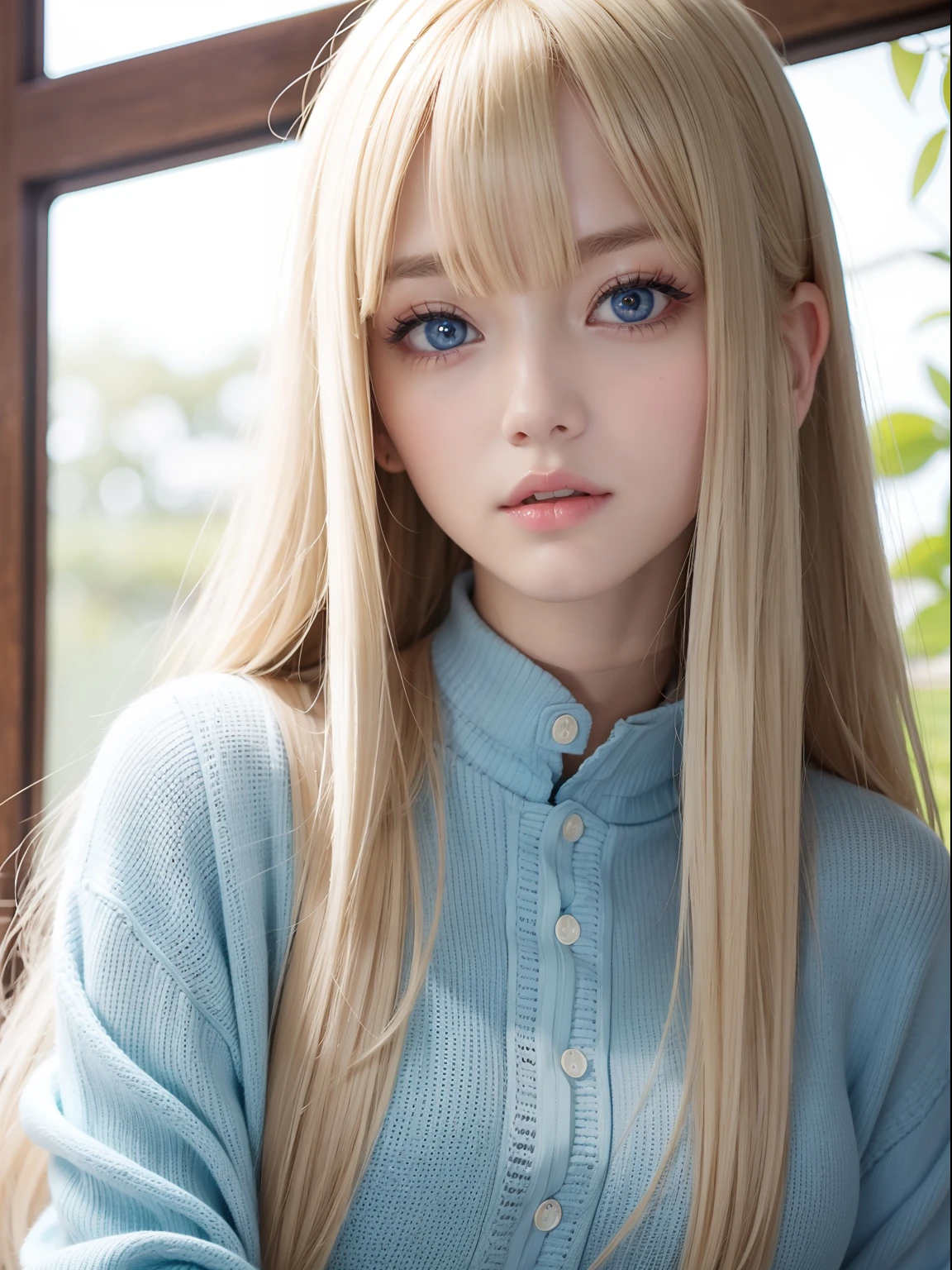 Bangs between the eyes of the eyes、Very Beautiful Young Cute Blonde Super Long Hair、Big, beautiful pale blue eyes that shine