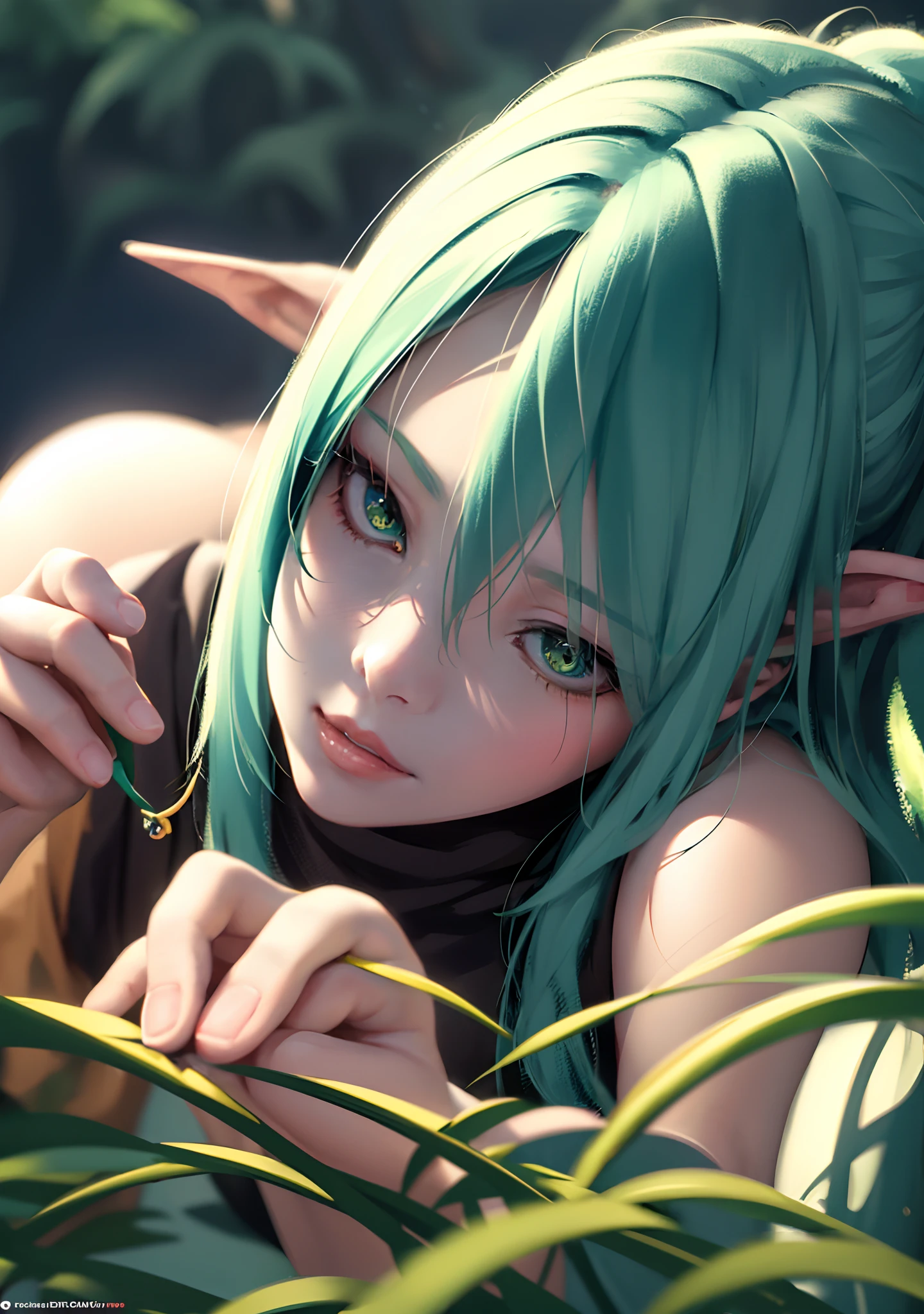 A woman with green hair and green eyes laying on a bed - SeaArt AI