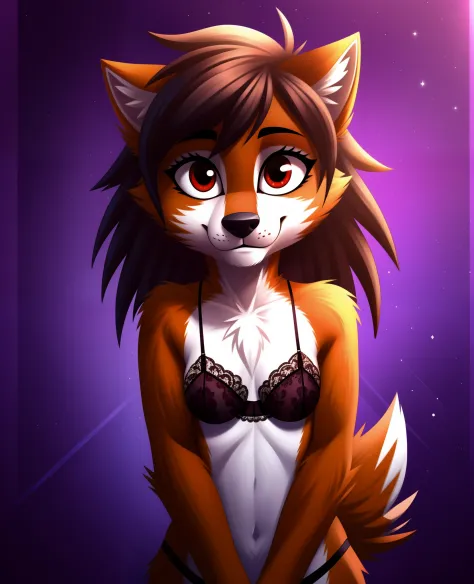 female,  shoulder length hair, full cheeks, lewd dorky, head tilt, seductive, looking at viewer, high_transformation, full transformation,, canine, (fur, fur_growth:1.2), [small breasts:1.6], bras BREAK, 8k, hi res, masterpiece, best quality, evening atmos...