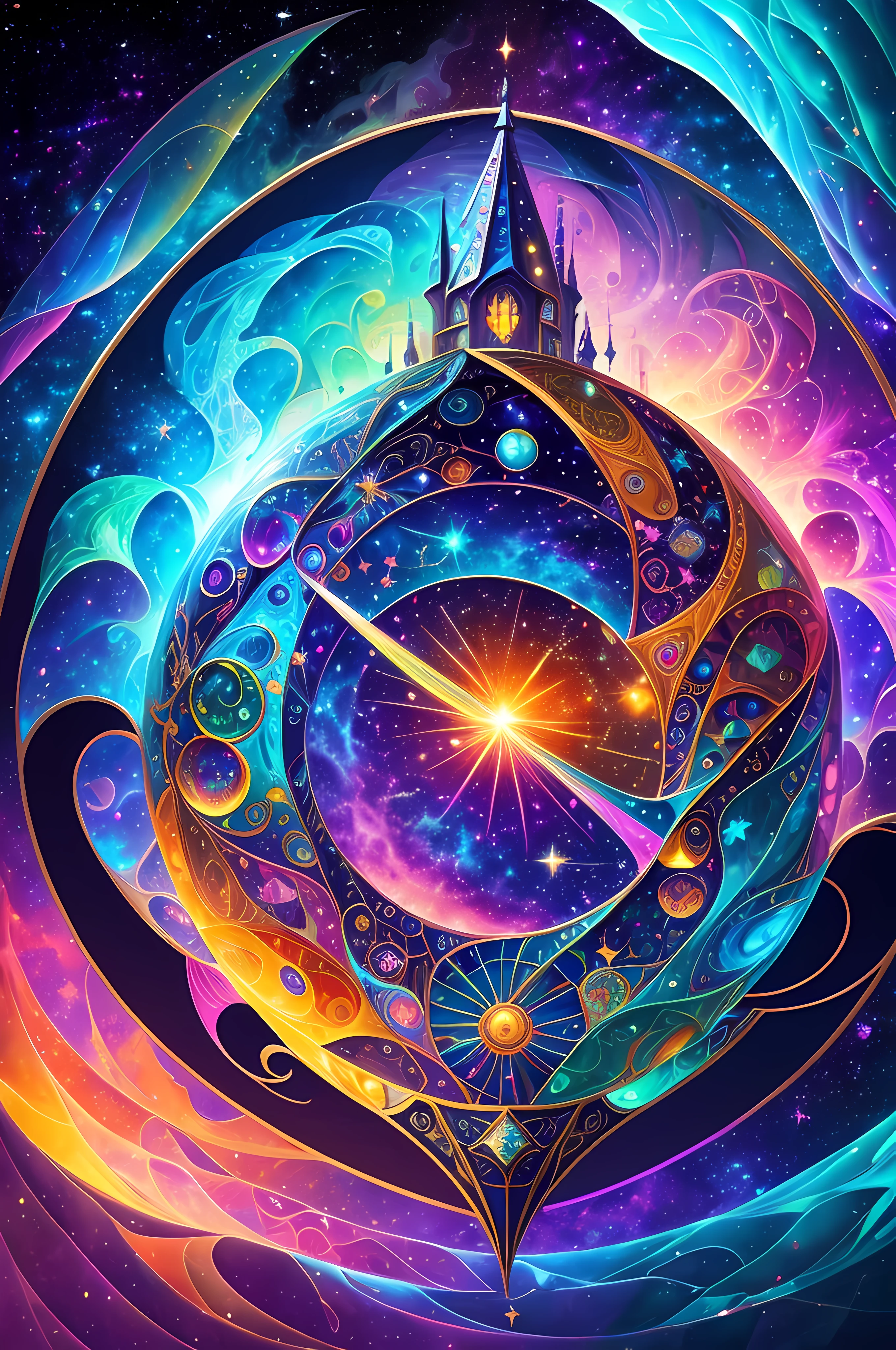 Multicolor multidimensional astral ethereal space nebulae, medieval magic arcane enchanted village ""Biopunk ovni in clound, cyberpunk, Disintegrating from 1000 paints into mosaic iridescence, Scenic, French, Dali, dynamic lighting, Cinematic, Artgerm, surrealism", Carl Barks, van Gog by Aykut