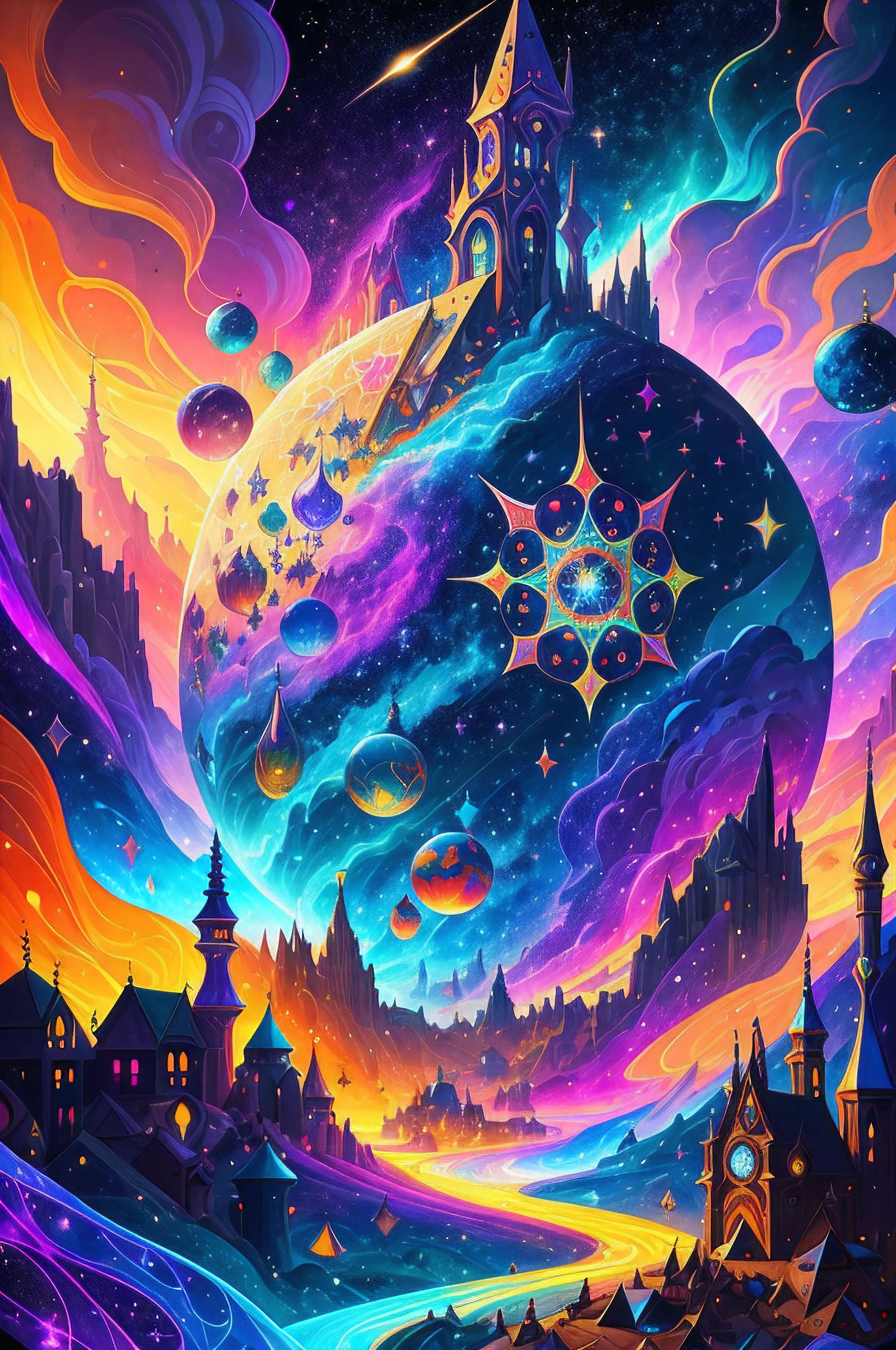 Multicolor multidimensional astral ethereal space nebulae, medieval magic arcane enchanted village ""Biopunk ovni in clound, cyberpunk, Disintegrating from 1000 paints into mosaic iridescence, Scenic, French, Dali, dynamic lighting, Cinematic, Artgerm, surrealism", Carl Barks, van Gog by Aykut