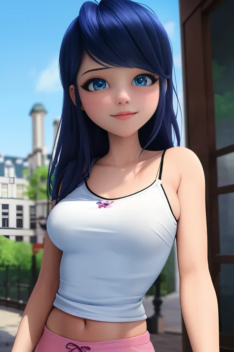 (8k, RAW photo, best quality, masterpiece:1.2), (intricate details), perfect eyes, perfect face, perfect lighting, beautiful, (masterpiece:1.2), (best quality:1.2), 1girl, solo, marinette, blue hair, long hair down, adult torso, 17 years old, slight smile,...
