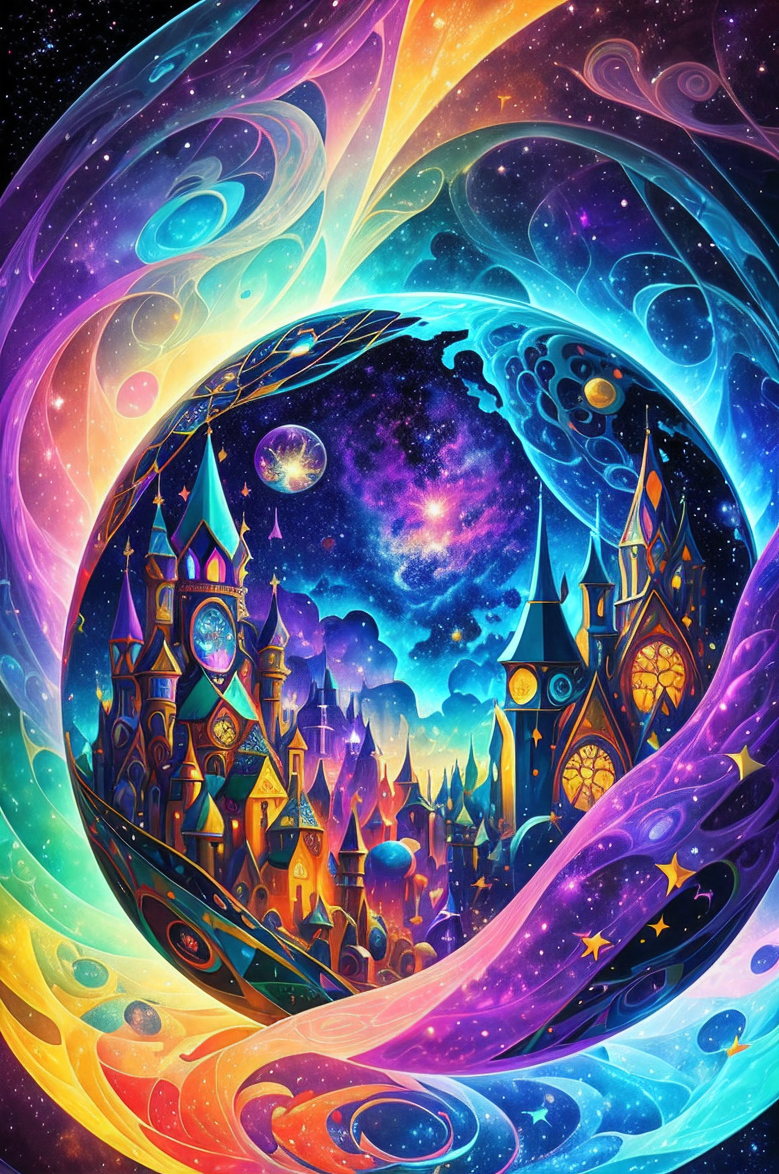 Multicolor multidimensional astral ethereal space nebulae, medieval magic arcane enchanted village ""Biopunk ovni in clound, cyberpunk, Disintegrating from 1000 paints into mosaic iridescence, Scenic, French, Dali, dynamic lighting, Cinematic, Artgerm, surrealism", Carl Barks, van Gog by Aykut