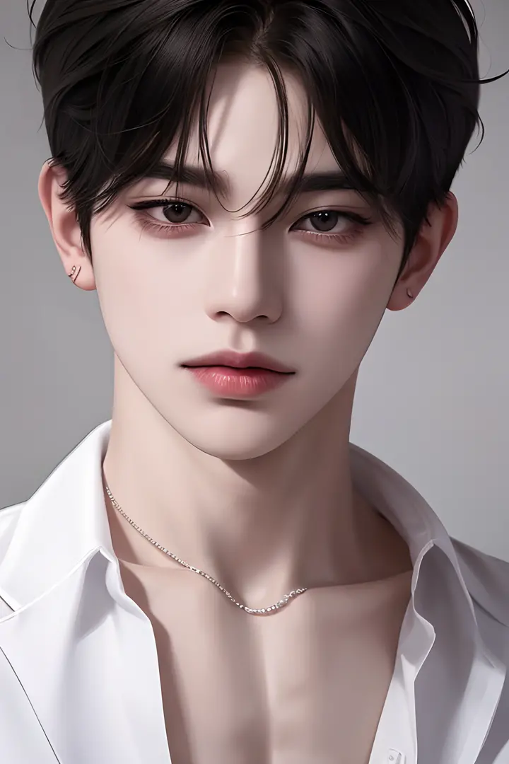 man, handsome, korean bad boy, ultra-detailed,hyper details,cinematic light, solo,stand,white studio,black-and-white-filter,closeup,front,looking at viewer from front,manhwa-style,unbutton-shirt,tattoo in chest,black-hair,messy-bangs,emo-haircut,model,pose...
