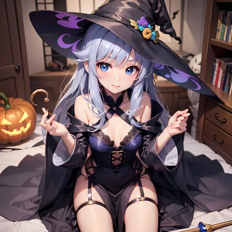 8K分辨率、One girl in witch cosplay、witch's robe、witch's hat、Sorcerer's Wand、Long gray hair、Blue eyes、chiquita、candy、Halloween、tiny girl、Room、cute little、sano、innocence、Japanese anime、Bad human body structure