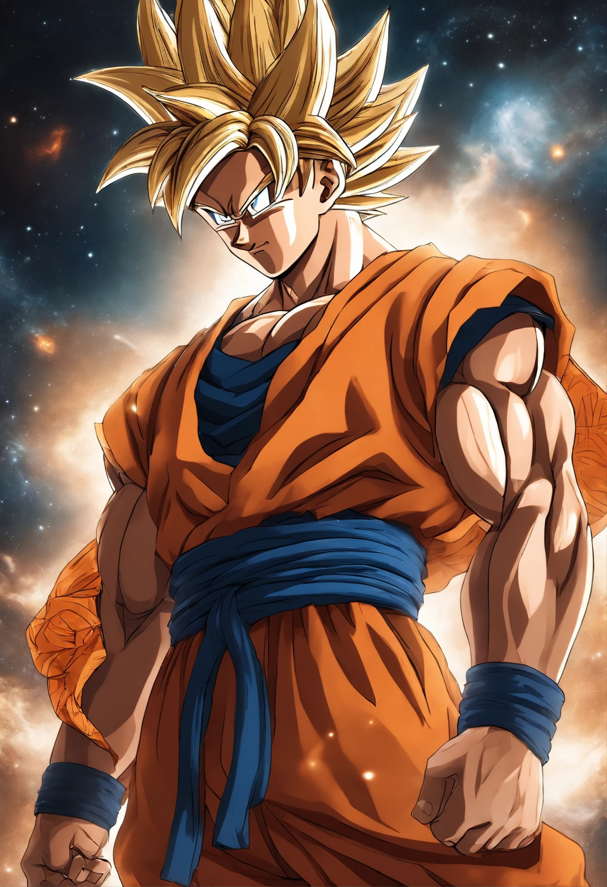 um personagem masculino, goku, imagem celestial, detalhes intricados, realista, fundo angelical, Imagem ilustrativa divina de goku de dragon ball, MALE character, Goku is wearing his orange trino kimono, cosmic background, Lighting in the gokue in the background, imagem do corpo todo do goku, Maximum detail and your angelic face and muscles, pele perfeita realista, Maximum image quality, goku ele esta destacado na imagem com cores fortes e chamativas.