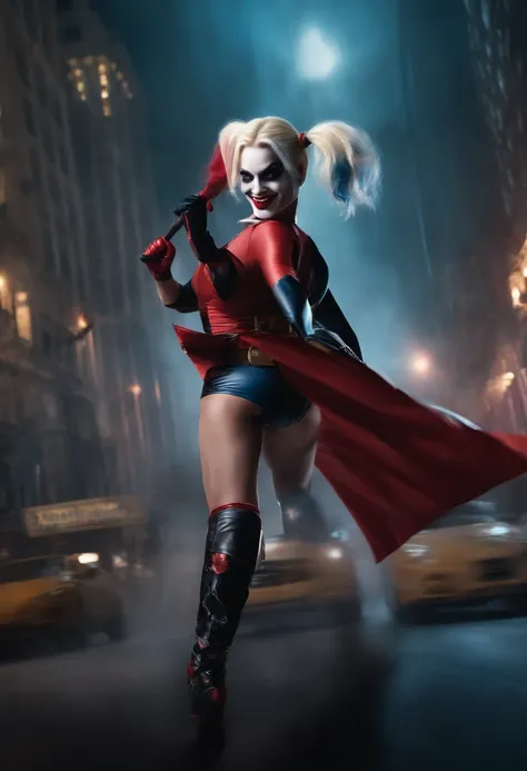 Harley quinn in a costume holding a bat in a city - SeaArt AI