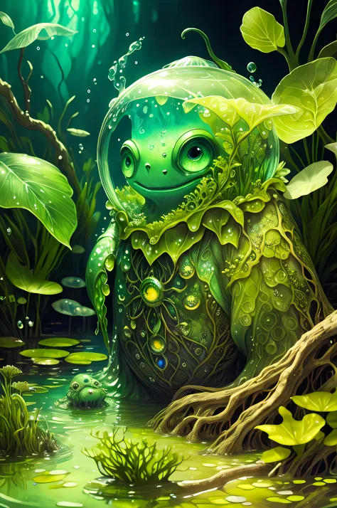 magic realism, splash art alcohol ink, anthropomorphic swamp spirit, made of water and algae pale-faced wet creature, bulging ey...