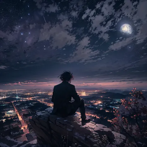 octans, sky, star (sky), scenery, starry sky, night, 1man, white shirt, black jacket, night sky, solo, outdoors, building, cloud...