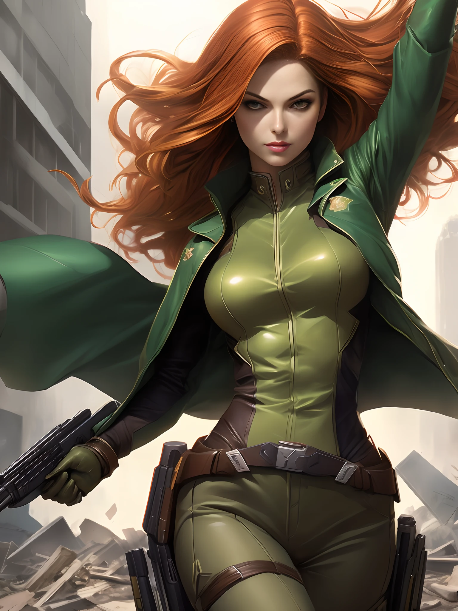 Woman in green uniform holding a gun in a destroyed city, Arte cyberpunk inspirada em Stanley Artgerm, Vencedor do concurso CGSetline, arte digital, Artgerm Julie Bell Beeple, Wojtek FUS, Artgerm e Lois van Baarle, Retrato de corpo inteiro de Jean Grey, Retrato de Jean Grey, jean cinza, Stanley Artgerm Lau