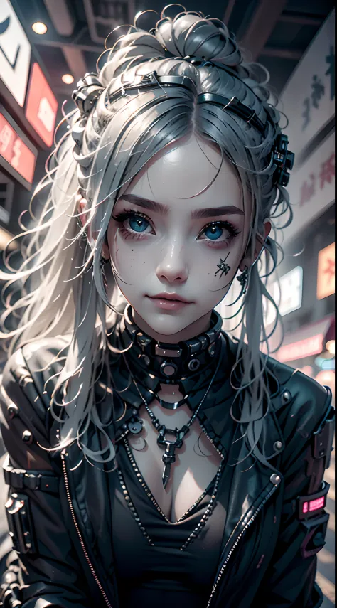 A beautiful girl holding a cell phone, High resolution (4k, 8k), con un estilo realista, y un ambiente cyberpunk. The image must have a high level of detail and a quality score of 1.2. Lighting should be temperamental and futuristic.