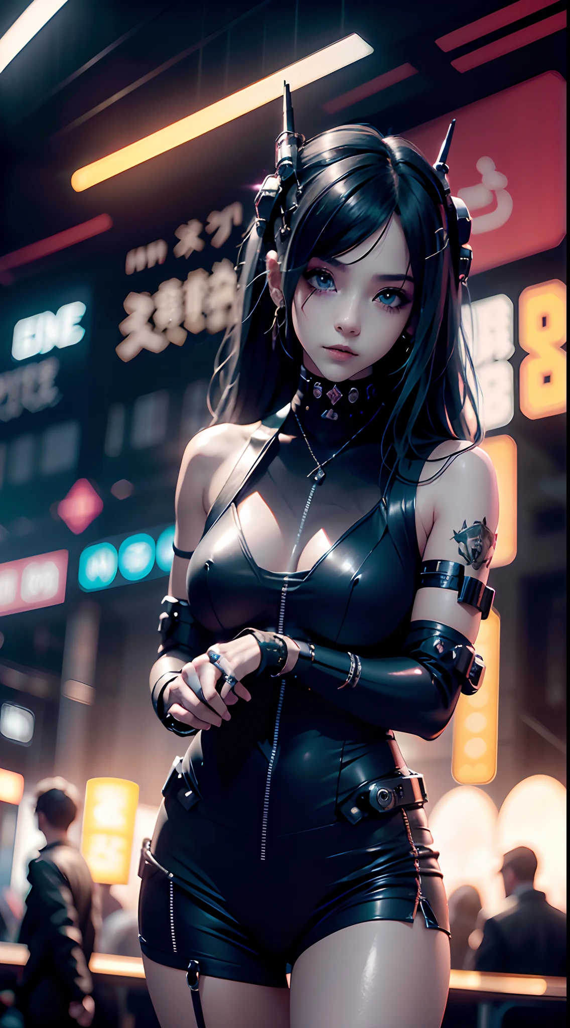 Una hermosa chica sosteniendo un teléfono celular, alta resolución (4k, 8k), con un estilo realista, y un ambiente cyberpunk. La imagen debe tener un alto nivel de detalle y una puntuación de calidad de 1.2. La iluminación debe ser temperamental y futurista.