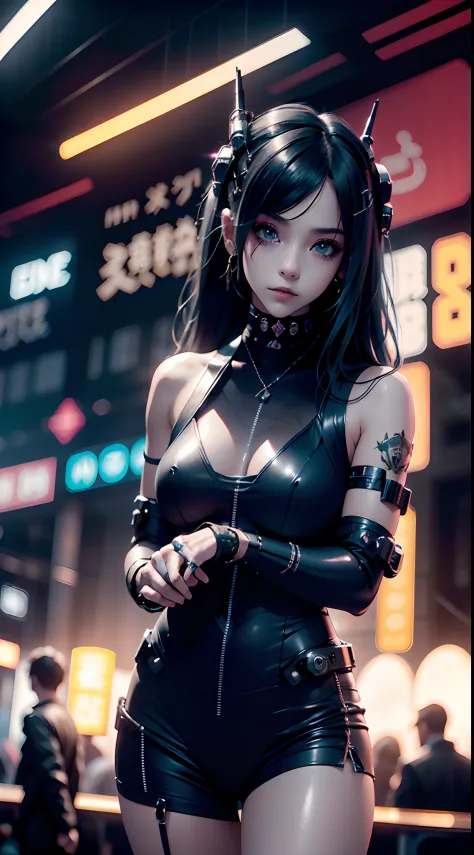 A beautiful girl holding a cell phone, High resolution (4k, 8k), con un estilo realista, y un ambiente cyberpunk. The image must have a high level of detail and a quality score of 1.2. Lighting should be temperamental and futuristic.