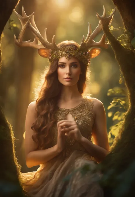 a beautiful  woman, The sun-drenched forest is bathed in the golden glow of dawn. In the center of the frame,There is one wearing plant armor，Elven beauty with antlers，Goddess in plant armor，the elf， Mythical creatures surround her, Her eyes are blue.

The...