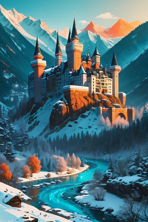 A scenic view of a river flowing through mountains at dawn, snowy peaks with a medieval castle on top, high quality fantasy in t...