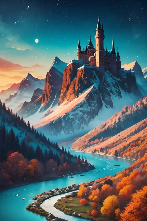 a scenic view of a river flowing through mountains at dawn, snowy peaks with a medieval castle on top, high quality fantasy in t...