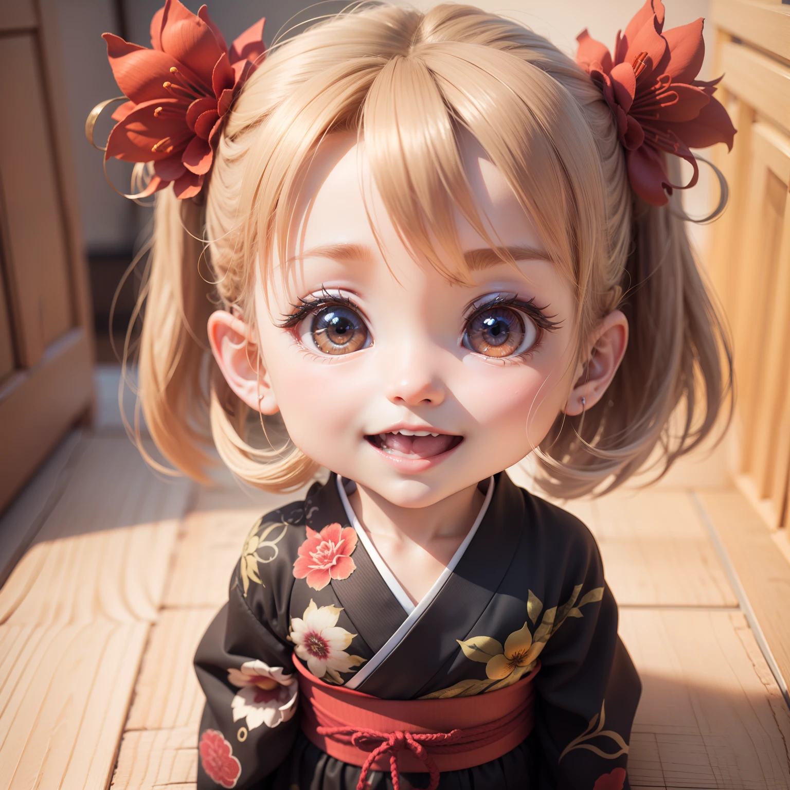 Cute Baby Chibi Anime、(((chibi 3d))) (Best Quality), (masutepiece)、Chibi Kimono、(higanbana:1.2)、Lycoris radiata、Open your mouth and smile、A detailed face、a small face、Lycoris radiata background