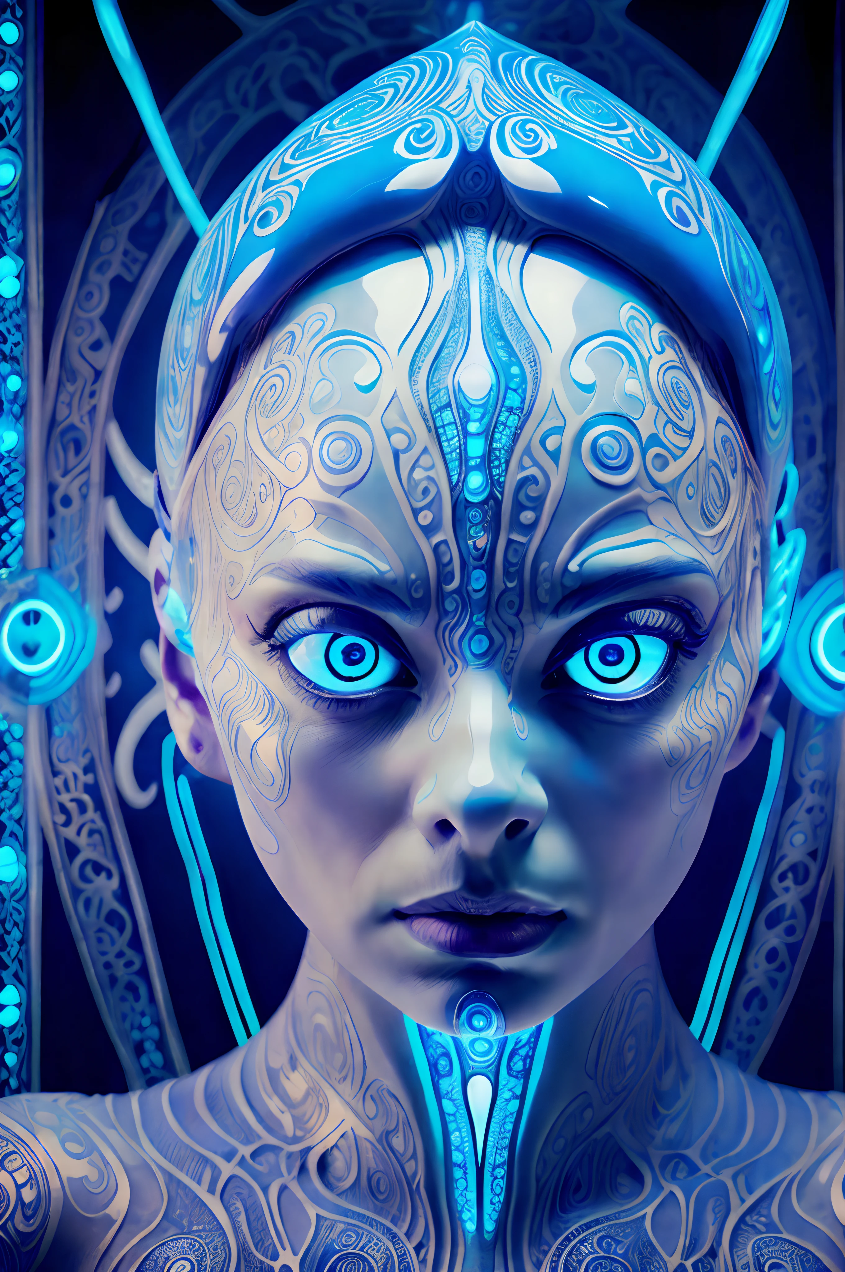 (best quality,highres,masterpiece:1.2),ultra-detailed,translucent alien,glowing light blue eye,large eyes,highly detailed iris,patterns on skin,underglow in veins,white and neon blue skin,otherwordly,ethereal,subtle textures,sublime lighting,vivid colors,subtle iridescence