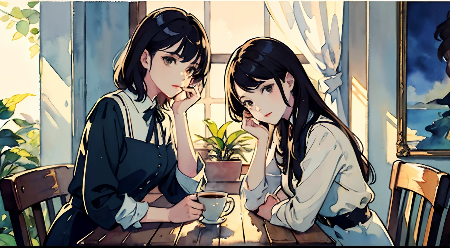 Imagen anime de dos chicas sentadas en una mesa con una taza de café -  SeaArt AI