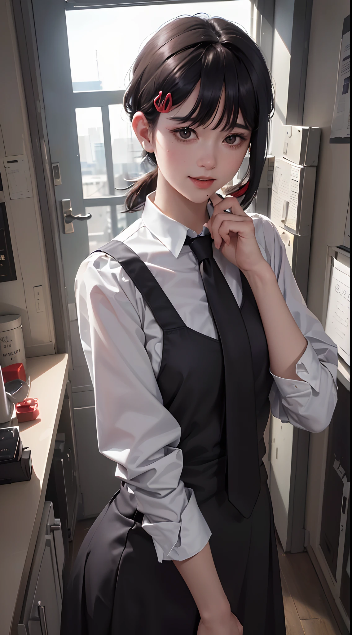 tmasterpiece，best qualtiy，ultra - detailed，illustratio，epic lighting，cinematic compositions，isometry，1girll，ssmile，Redlip，solo，adolable，Black eyes，Black color hair，By bangs，red hair clips，blouse with a white collar，black necktie，Black pantsuit，Professional Dress，captivating posture，inside in room，office room，Open the door，looking at viewert，peeking out upper body，Be red in the face，seduct smile，Shut your mouth，(8K:1.1),