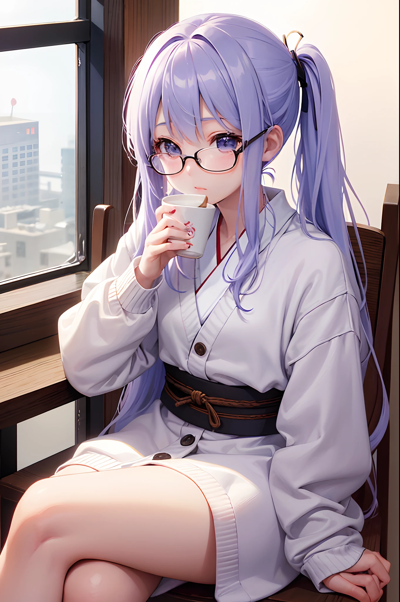 Anime girl with purple hair and glasses sitting on a bench - SeaArt AI